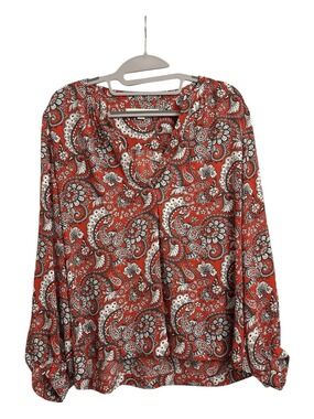 LOFT Red Paisley Split Neck Long-Sleeve Blouse